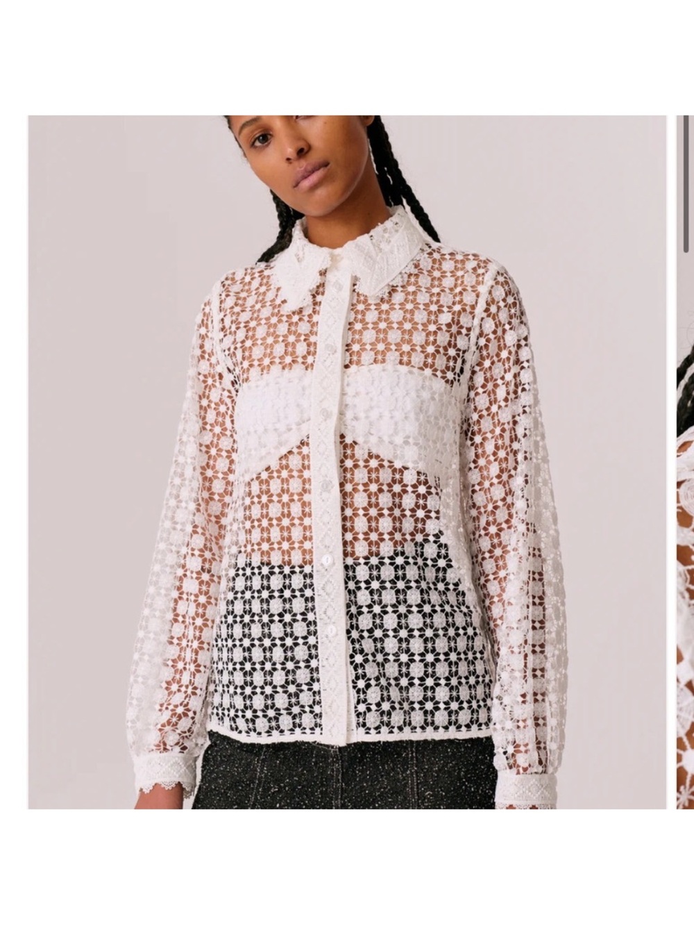 Womens White Lace Crochet Button-Front Blouse